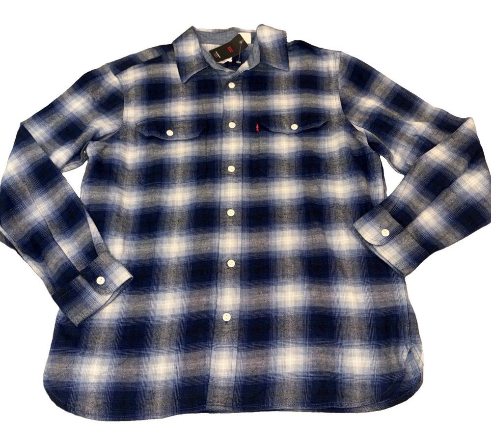 Men Levis NEW White Blue Plaid Flannel Button Shirt Long Sleeve Size MED #4469